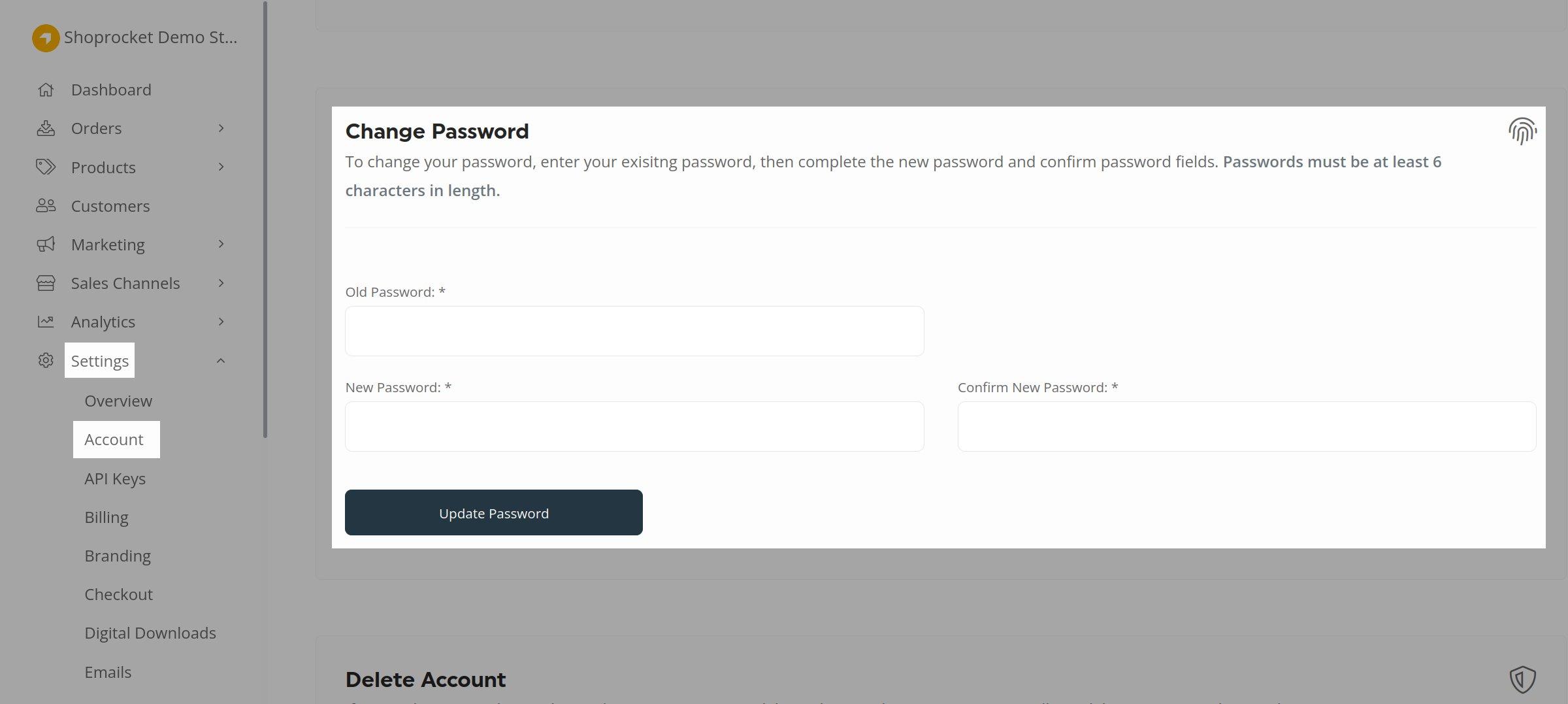 Changing your Account password - Shoprocket